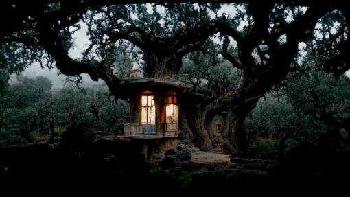Shot by Emmanuel Lubezki, A treehouse in an enchanted forest, on an ancient olive tree, a lot of white flowers on the bottom of the tree