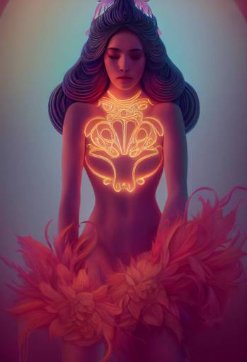 The Goddess of Peace, character design, female with ethereal skin-tight neon armour, sensuality, glamour, artgerm, Moebius, medium shot, holy synthwave lighting, intricately detailed long hair, white blonde hair, beautiful female form with bursting floral head, prominent feminine features, dramatic vibes, full body, glowing tribal tattoos, beautiful, dark fantasy, ethereal wisps of swirling color stunning cinematic lighting, highly rendered, epic composition, rule of three, golden ratio, Glim lighting. Highly realistic. Volumetric lighting. Ultra detailed, 16k, HD,