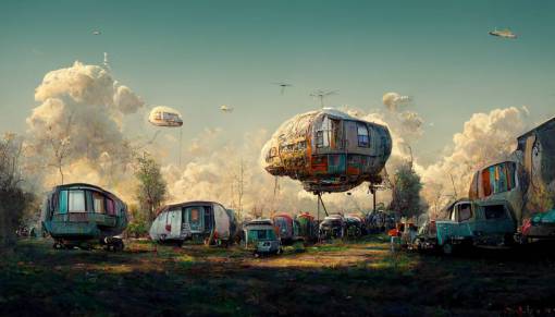 trailer park with lots of autocampers and autovans, airship enfused with autocamper flying close by, trashed furnitures, haze, hyper detailed, intricate detail