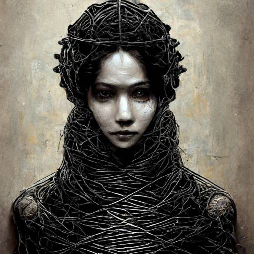 woman wrapped by a labyrinthine scaffolding, dark, intricated, convoluted, involuted, highly detailed