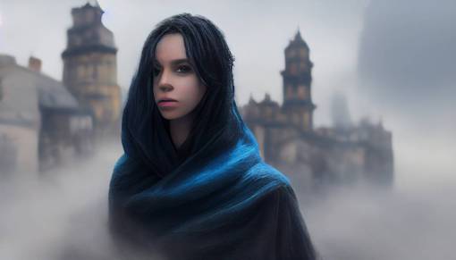 young woman with blue-black hair and blue eyes wearing a ragged cloak, medieval town background, nervous, worried, photorealistic, rule of thirds, volumetric lighting, volumetric fog, 4k, gloomy, dark fantasy, grim