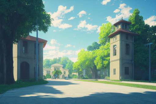 2D anime Background of In front of the main gate of the historic school by studio kusanagi,Taken with deep focus, bright natural light,front is open,cinematic view,octane render,Super-Resolution,highly detailed