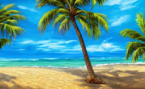 A beautiful award winning painting of a tropical beach with palm trees and a wavy blue ocean trending on artstation vibrant color scheme lots detail 4k