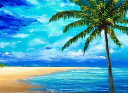 A beautiful award winning painting of a tropical beach with palm trees and a wavy blue ocean trending on artstation vibrant color scheme lots detail 4k ultra HD