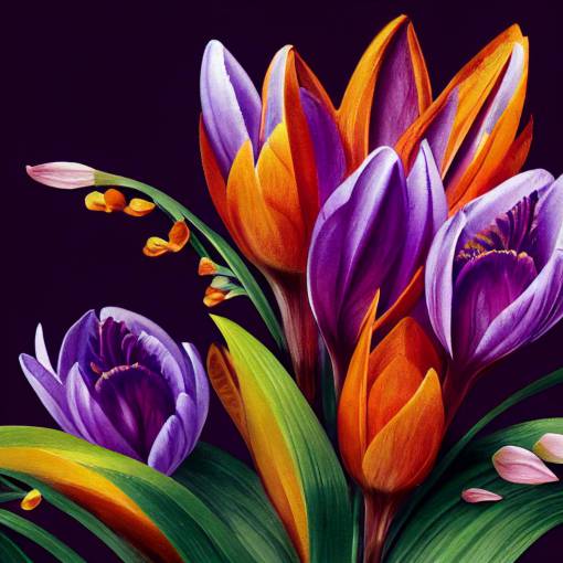 a beautiful flower garden with luscious full petals and leaves, crocus flowers, Alebrijes style, 4k, ultra detailed