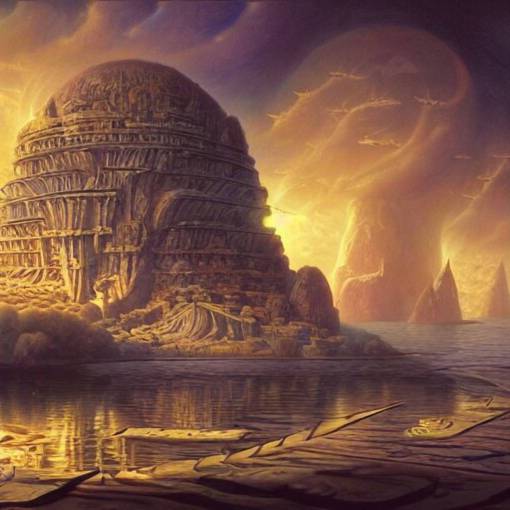 A beautiful render of a floating society by hubert robert and daniel merriam and roger dean and jacek yerka, alex grey style, soft lighting, 4k hd wallpaper