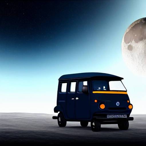 a dark blue tuk tuk traveling on the surface of the moon, moon craters, black sky, hard science fiction, milky way, moon, matte painting, concept art, 4k
