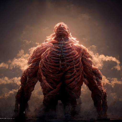 A giant organic Kaiju with the Human muscular system. Attack on titan. Ultrarealism, volumetric lighting, 8k,photoreal, cinematic lighting