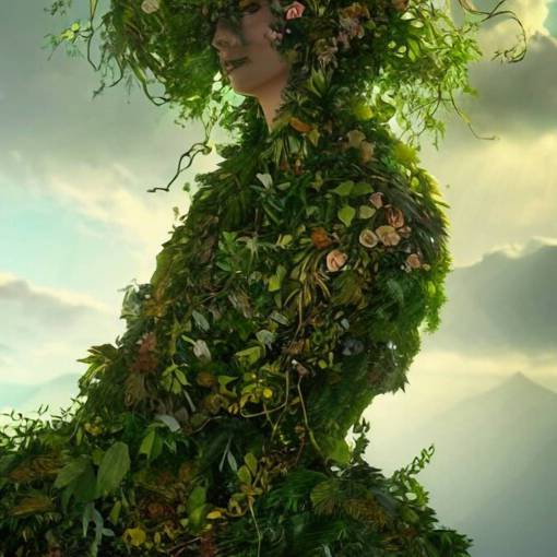 a giant woman made of vines and leaves and a crown made of flowers towering over a tropical island, Dramatic Lighting, Trending on Artstation HQ, 4K, UHD.
