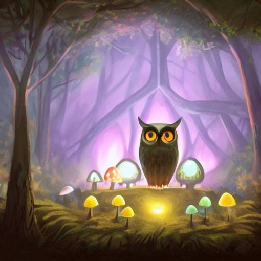 A group of friends in a dark forest at night, surrounded by luminescent mushrooms, with a giant owl in the background, digital painting, concept art, artstation, 4k
