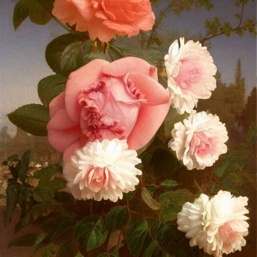 A highly detailed and realistic rose, flourished, French Renaissance painting, still life, 4K, oil painting on canvas. By William Adolphe Bouguereau and Barret Frymire