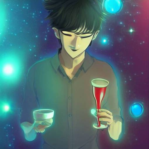A man drinking a cup of cosmic energy bright light by Masafumi Harada, 4k, digital art, surreal, anime style, Park Sung-woo Red Ice style
