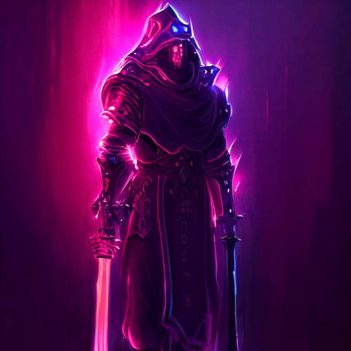 a paladin with a greatsword in his hand walking that is engulfed in red and purple flames, cyberpunk, neon, dark, photorealistic, ray tracing, evil, glowing eyes, glowing sword