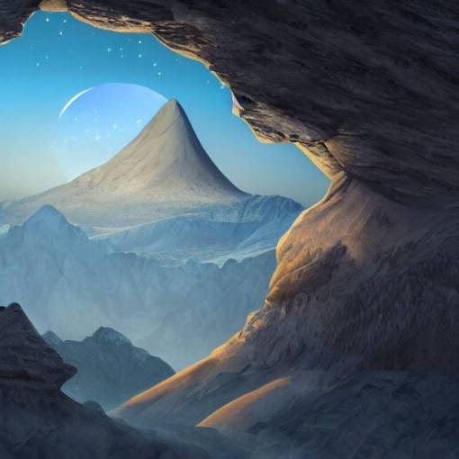 a photorealistic mountain that is in the shape of a crescent moon, on the inside of the crescent there are numerous areas each with a unique theme and environment, highly detailed, digital art, 3d, 4k