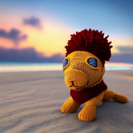 a photorealistic picture of a knitted smiling male lion wearing blue sunglasses and a beanie cap at the beach during sunset Trending on Artstation, featured on Behance, well-rendered, fine detail, extra crisp image, Unreal Engine, 4K HD