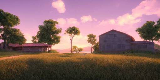 a serene landscape with a singular building near a lake at sunset, Pixar style, anime style, soft lighting, path tracing, complementary colors, calm, natural lighting, high quality, 4k, low contrast, highly detailed, octane render, unreal engine 5