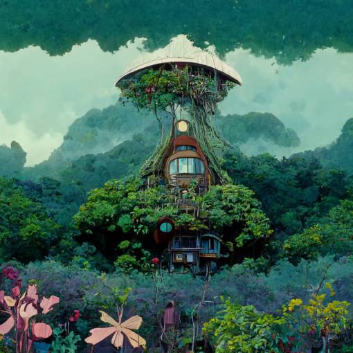 a tree house village, treetops, jungle, vegetation, strange flowers, a rocket ship in the background, mountains, mystical, cute, homely, comfortable, ghibli, studio ghibli, miyazaki, village, a giant squid in the distance