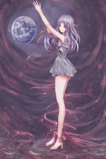 Adult anime style girl on the moon waving, fantasy, intricate, elegant, highly detailed, digital painting, 4k, HDR, concept art, smooth, sharp focus, illustration, art by Serafleur