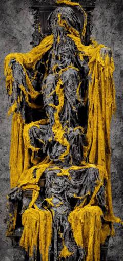an ancient figure draped in a tattered yellow garment sitting upon a throne, cosmic horror, dark, lovecraftian, 4K, ornate stone,