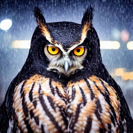 an owl in a bat suit sitting on an edge of a building at night while raining, 4k, highly detailed