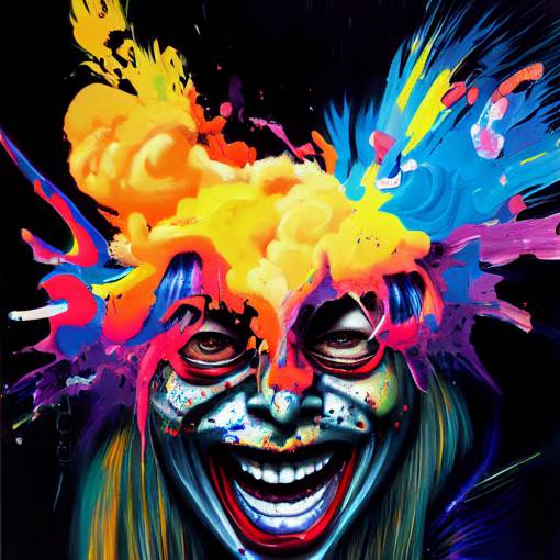 anime acrylics, photorealism, insane detail, head exploding with paint splatter, grinning, mad, lsd, vibrant, cinematic