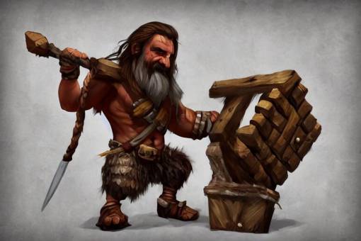 barbarian dwarf holding a rustic rectangle wooden table with spikes sticking out of it. Dungeons and dragons fantasy digital art, artstation highquality 4k