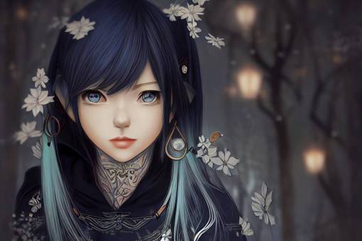 beautiful anime female elf with piercings, with dark blue ski and white hair smiling. Intricate details, manga-style