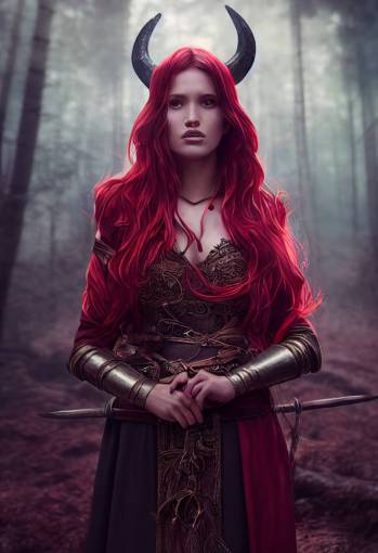 bella thorne as beautiful viking witch by artgerm and RHADS, standing in a magical forest, tight fitting robes, ornate flowing red robes, long red hair, highly detailed eyes, highly detailed face, portrait, soft daylight in morning, volumetric lighting, ultra realistic, hyper detailed, arnold render, fantasy