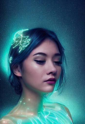 character design goddess of a constellation, face like a model, intricate bioluminescence dress, glowing constellation tattoo, elegant, dynamic pose, aurora, northern light, neon, cinematic, hyper detailed, atmospheric, dramatic lighting, realistic, particles, lens flare, bokeh, octane render, 4k, 8k