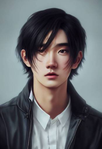 character design, photorealistic portrait , beautiful teen male look like Xiao Zhan , long black hair, Style by hiroyuki matsuura, Anime, Animation Concept Art, Realistic, Beautifully Detailed, 4K high detailed, octane render, epic composition, cinematic
