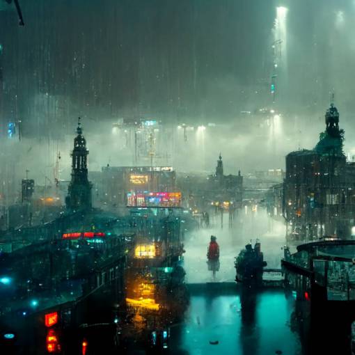 City of Amsterdam cyberpunk blade runner photo-realistic 4k rain