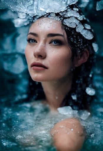 close-up looking down on a beautiful woman with long dark hair and a slightly wet face wearing ice crystals on her head with shoulders partially submerged emerging out of clear blue hot spring pool with rising steam and snow on water surface, cinematic lighting, fashion photography, ultra-detailed, intimate portrait composition, ray-traced reflections, photo-realistic