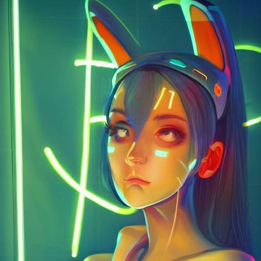 cute young woman with robot ears and eyes, 4k, sharp focus, neon colored fluorescent lighting, Andreas Rocha
