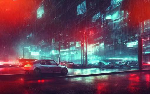 Detailed 4k 3d render of a car driving under a relentless rainstorm through a neon-lit futuristic city