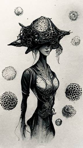 Detailed pen and ink drawing of A woman with radiolarian skin wearing a hat is standing in the center,water sprash,high fantasy,unreal engine,black and white