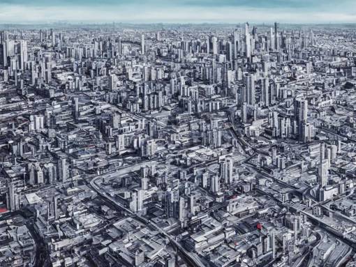 drone view of a city with a large highway through, Brutalist architecture,sharp focus,telephoto lens,digital art,Neil Blevins 4k