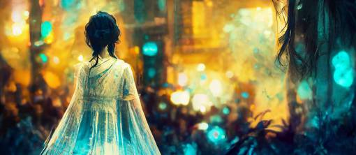 female banshee with wide white dress, bokeh in the background, 200mm telezoom style, blue lights, cinematic, epic, dreamy, mad, like ghost in a shell in batman the dark knight