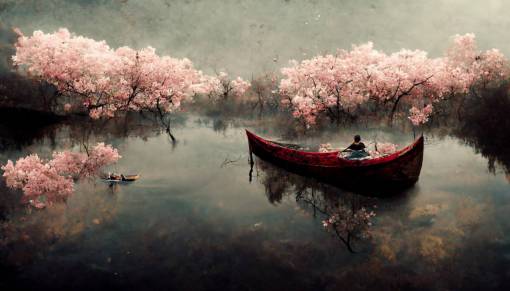 floating in a canoe down a meandering river with cherry blossoms along the riverbank, cinematic, textured, detailed, reflections, calm, serene