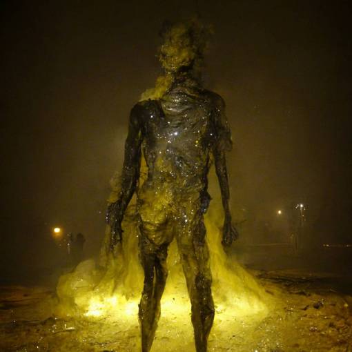 full body shot of a distorded human silouhette made of rough sulfur at night