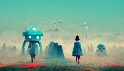 funny looking little robot with pretty girlfriendrobot computergame style walking through a mystical futuristic landscape,