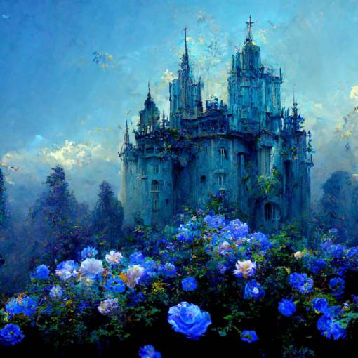 glass castle overgrown with blue roses, fantasy, holy castle 16k
