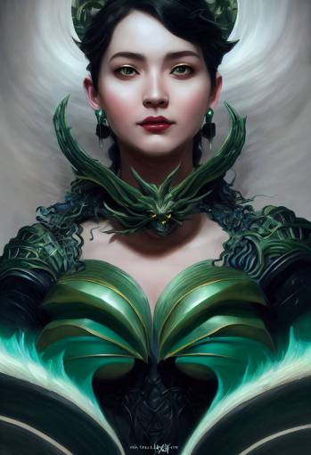 goddess of wind and sky, black short hair, full green dragon armor made from emerald, league of legends, intricate, highly detailed, digital painting, hyperrealistic, artstation, concept art, smooth, sharp focus, illustration, Unreal Engine 5, 8K, art by artgerm and greg rutkowski and alphonse mucha, by Jesper Ejsing and Hyung-tae Kim and sakimichan