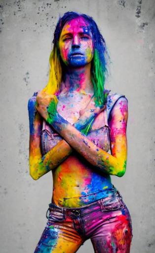 grungy woman, rainbow hair, soft eyes and narrow chin, dainty figure, wet t-shirt, torn overalls, skimpy shorts, covered in paint, Sony a7R IV, symmetric balance, polarizing filter, Photolab, Lightroom, 4K, Dolby Vision, Photography Award