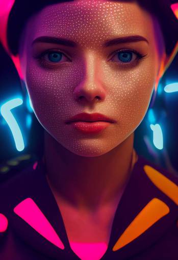 half body, american plan framing, empath, beautiful female physicist, face made of starfish texture, in a neon futuristic environement, unreal engine, vogue, ray tracing, octane render, movie still