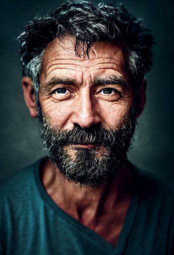 Handsome man of visible age about 40 + grizzled stubble + kind look from good green eyes + black grizzled short hair + charming smile + man with Slavic features + medium portrait + studio lighting + counter jour + dark blue background + emotional portrait + color photography + HDR