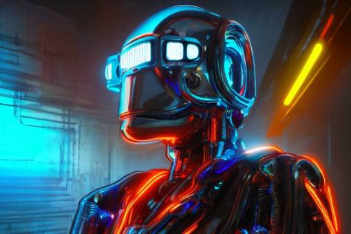 high octane 4K 3D render of a smooth simple cyberpunk humanoid futuristic sci-fi robot, neon lights, metallic, in the style of Aleksandr Kuskov, dramatic lighting, vibrant colors, Trending on Artstation HQ, 4K, UHD, High quality, Unreal Engine