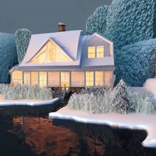 house made out of ice, landscape made out of chocolate, dawn lighting, 4k high quality render, ray-tracing