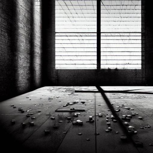 Inside of a warehouse with sunrays shining through the windows with bullet shells laying on the floor and a body laying in the background against a wall, tarantino style, photorealistic, 4k,