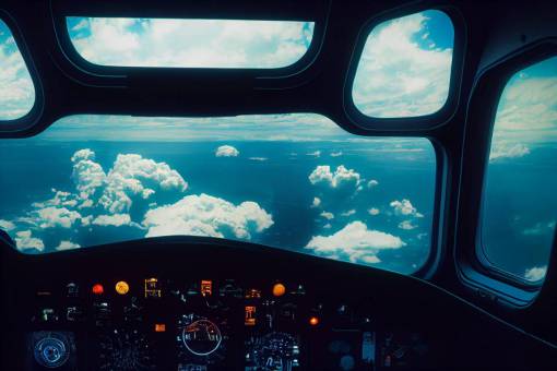 Interior of a modern passenger airplane pilot cockpit , Sci-fi, can view the clouds seas from the front pilot window, natual lighting, Epic composition, topangle, Wide angle, by Miyazaki, Nausicaa Ghibli, Breath of The Wild,Zeiss optics and Pentax SLR 50mm,3d rendered,octane render, photorealistic 4k