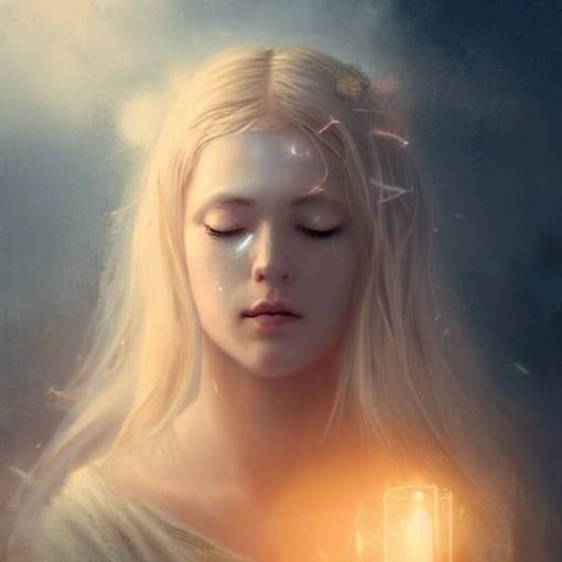 Masterpiece portrait of an aesthetic beautiful realistic blond priestess, 30 years old woman, praying, cinematic light, digital painting by WLOP, atmospheric effects, fireflies, 4K, octane render, artstation, deviantart, close view